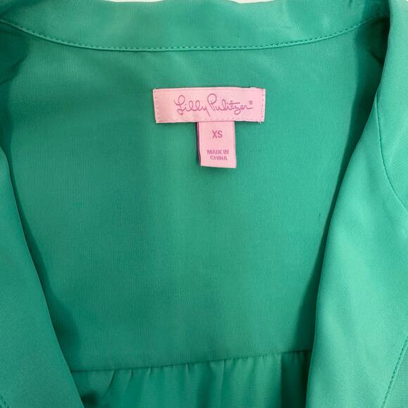 Lilly Pulitzer XS Teal Silk Blouse - 100% Silk with Green Gemstone Buttons - Picture 5 of 10